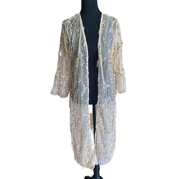 Sequin Mesh Duster Kimono Cardigan Sheer Longline Jacket Medium - Picture 1 of 7